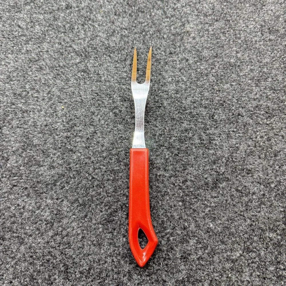 Quikut Stainless Steel Two-Prong Carving Fork Red Handle Vintage